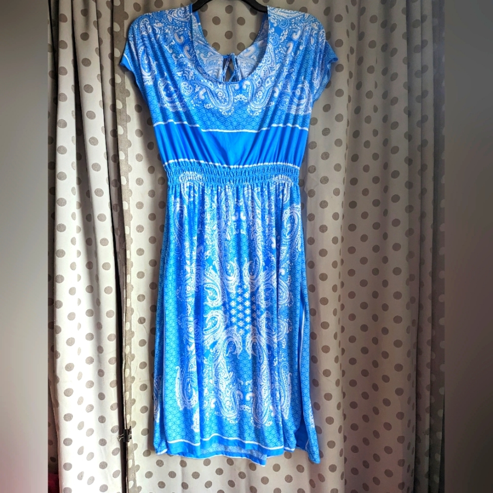 YOUNG USA Cool Short Sleeve Smocked Waist Maxi Dress M New